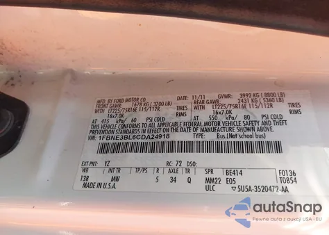 2012 Ford E-350 Super Duty Xlt from USA, damaged, VIN 1FBNE3BL6CDA24918